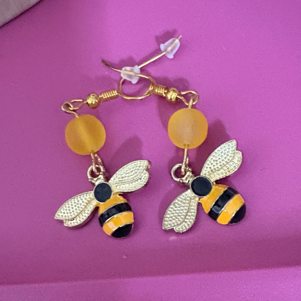 Bee Dangle Earrings with Gold and Black Accents